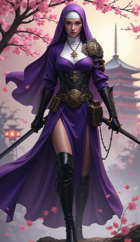 Create a dynamic portrait of a Samurai Nun, fusing religious devotion with warrior prowess. Her attire blends a traditional nun's habit with samurai armor: a deep purple bodysuit with a high slit, adorned with lightweight armor plates. A flowing purple veil replaces the kasa helmet, while a white wimple frames her face, bearing a small cross pendant. She wields a gleaming katana, its hilt adorned with religious symbols. Black, high-heeled boots with cross motifs complete her ensemble. A utility belt holds prayer beads and small weaponry. The background evokes a Japanese painting: cherry blossoms swirl in the wind, while a distant pagoda silhouette looms. Incorporate elements like floating lanterns, calligraphy scrolls, and stylized clouds to enhance the atmosphere. Use a color palette dominated by deep purples, blacks, and metallic accents, with splashes of cherry blossom pink. Convey a sense of grace, power, and spiritual intensity in her pose and expression, blending Western and Eastern iconography in this unique warrior-nun design.