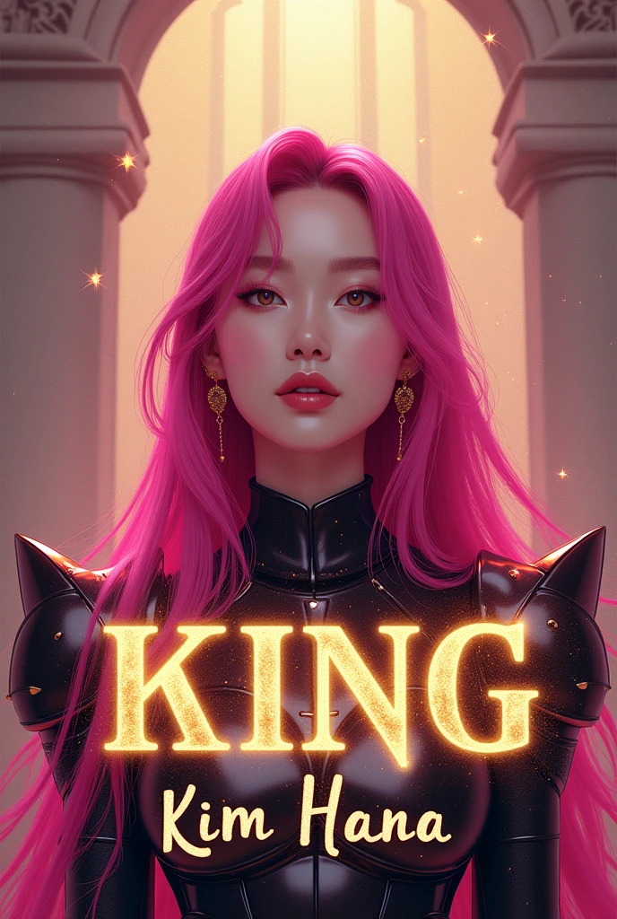 "KING" by Kim Hana introduces the Korean artist, with pink hair highlighted on a dramatic, bright background. She wears an elegant dress or modern armor, reflecting empowerment and royalty. The title "KING" is displayed in a bold, gold font with a glitter effect, while the name "Kim Hana" is in an elegant, cursive font. Subtle details like stars and twinkling lights add a touch of glamour