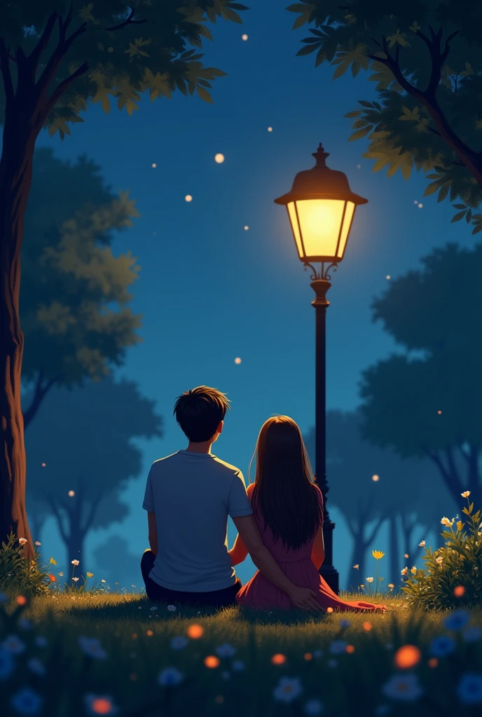 Animated two couple sit under night lamp at park. With word “Forever we’ll grow”