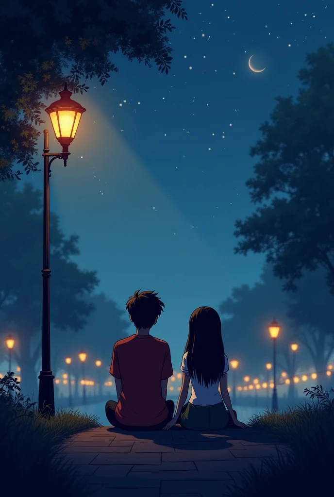 Animated two couple sit under night lamp at park. With word “Forever we’ll grow”