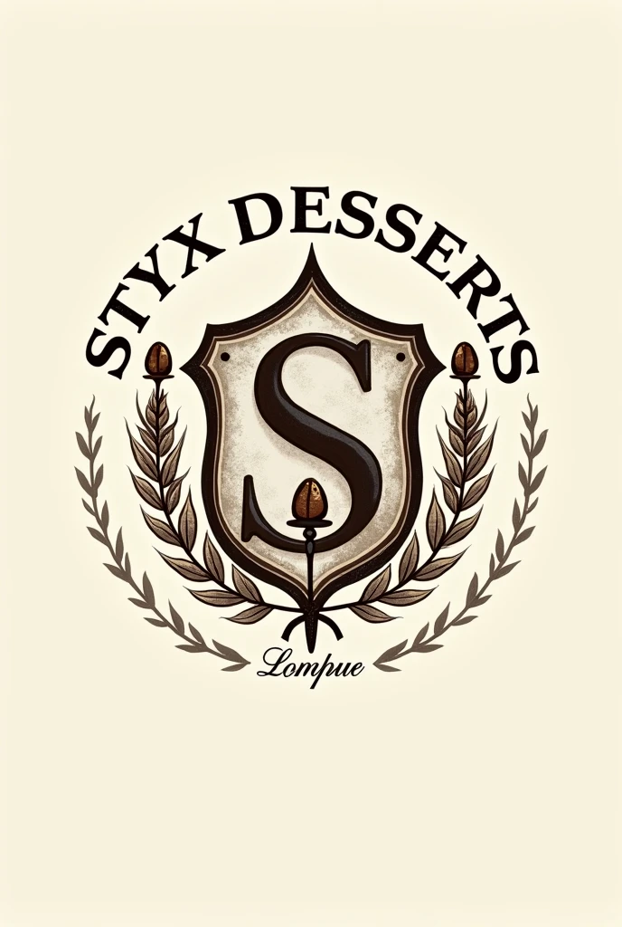 Minimalist coffee shop logo in the shape of a royal shield and an ancient silver coin, with a cocoa bean and a coffee bean at the tip , branches of wheat, a silhouette of a hooded Charon in his canoe with a lamp in his hand looking forward on each side and an “S” in the center, that says Styx desserts in black and worn letters around the edge