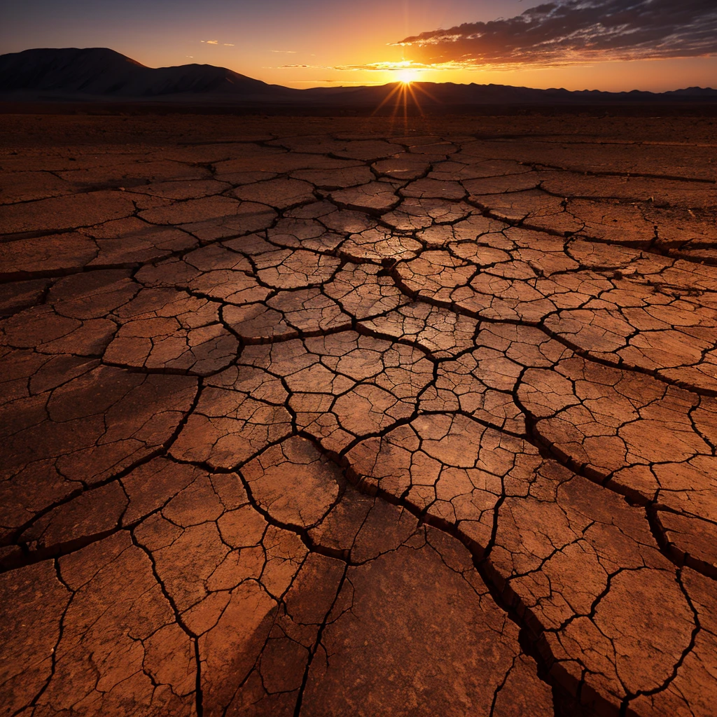 Dramatic sunset over cracked earth. Desert landscape background.