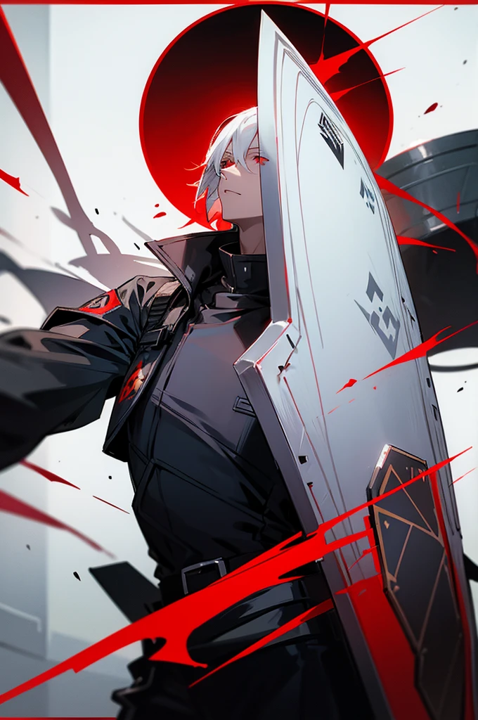 male, young adult, White Hair, Red eyes, Black jumpsuit, shield Logo.