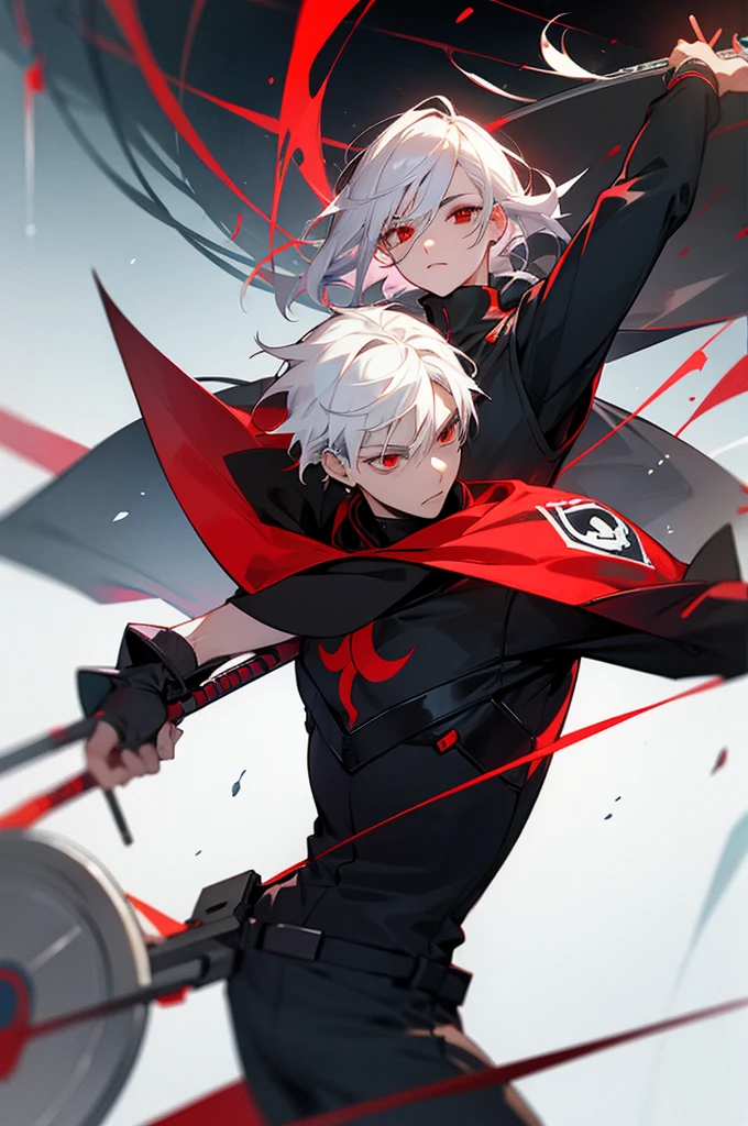 male, young adult, White Hair, Red eyes, Black jumpsuit, shield Logo.