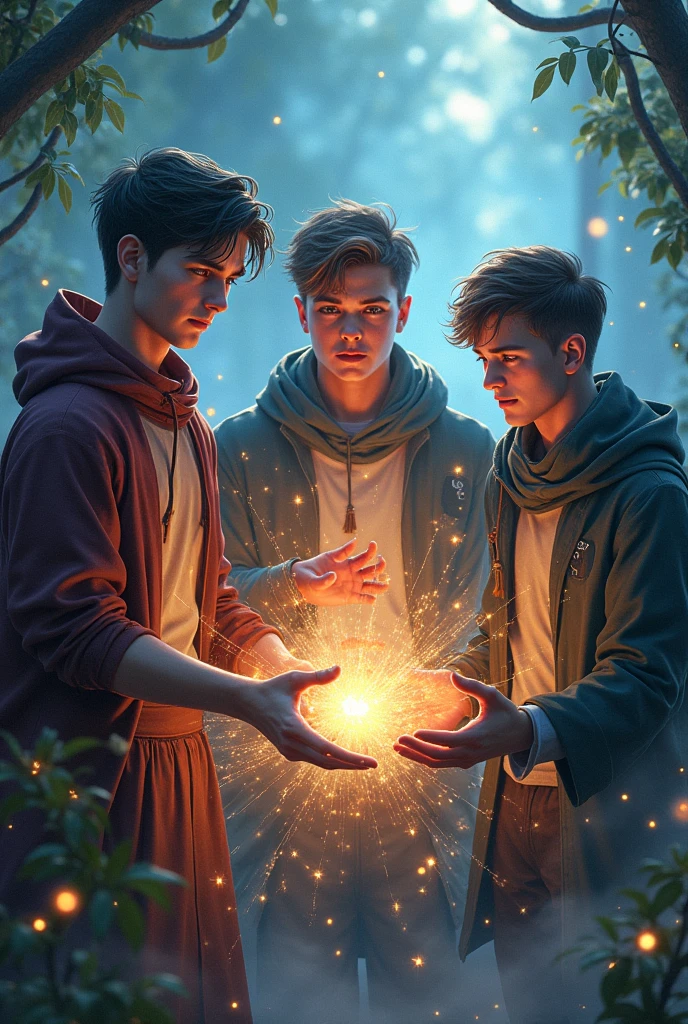 Three male friends with magical power