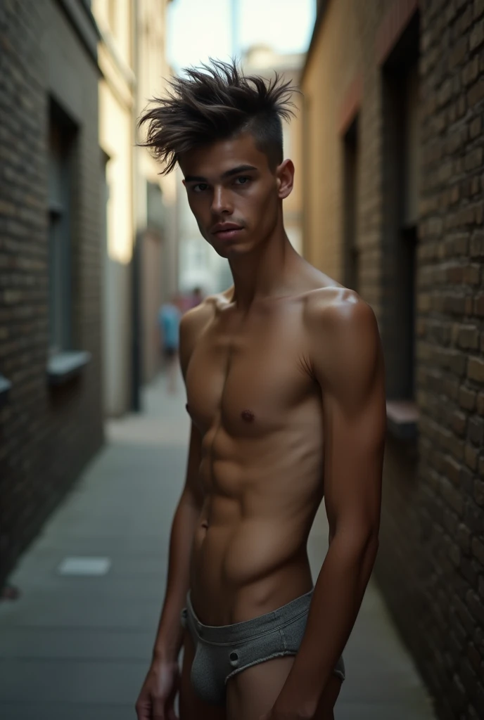 ((High definition, masterpiece, 8k, digital photography)), natural illumination, a young male, cute face, british, punk haircut, standing, ((nude)), young face, slender body, thin, twink body, looking at viewer, alley background