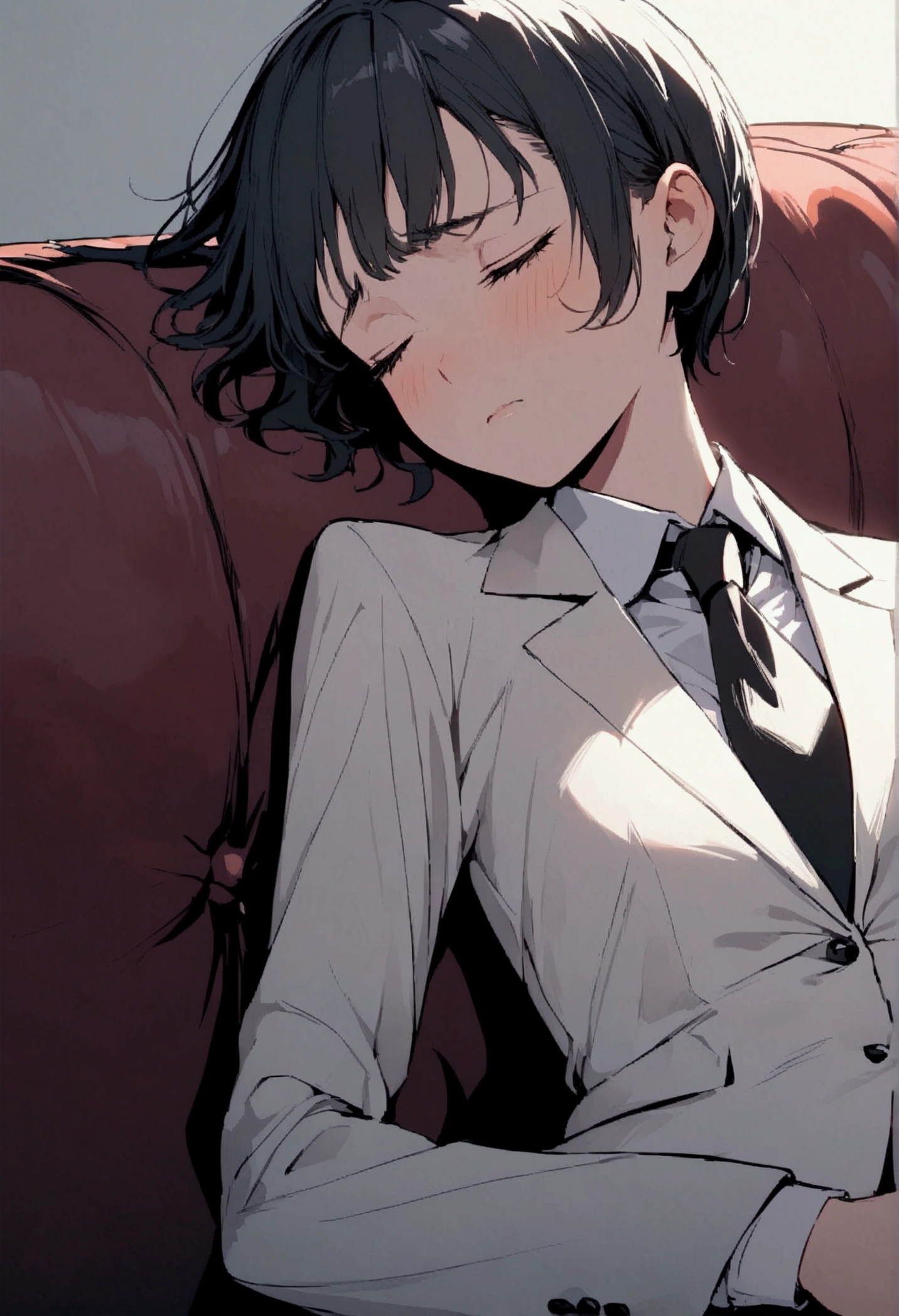 slender,a young girl,pixie cut,black hair,suit,sad, Leaning Back on sofa