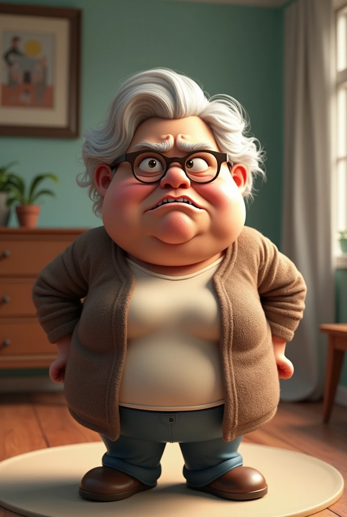 Make 3d cartoon An old woman in a plain shirt and brown sweater use eyeglasses , corpulant, Angry,hating, and Annoyed faces