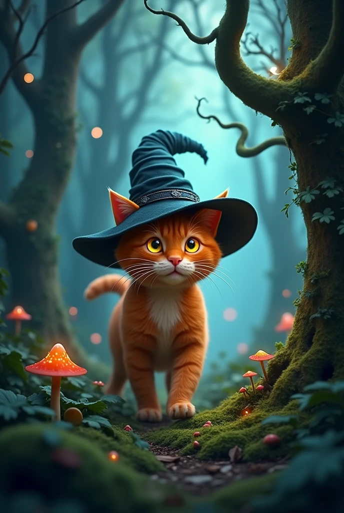 An orange cat with a witch hat in a dark forest
