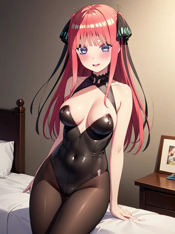 best quality, insanely detailed, nino nakano, breasts, blush, bedroom background, looking at viewer, bodysuit, cheerful eye, pantyhose, bare-shouldered, transparent clothes nipple