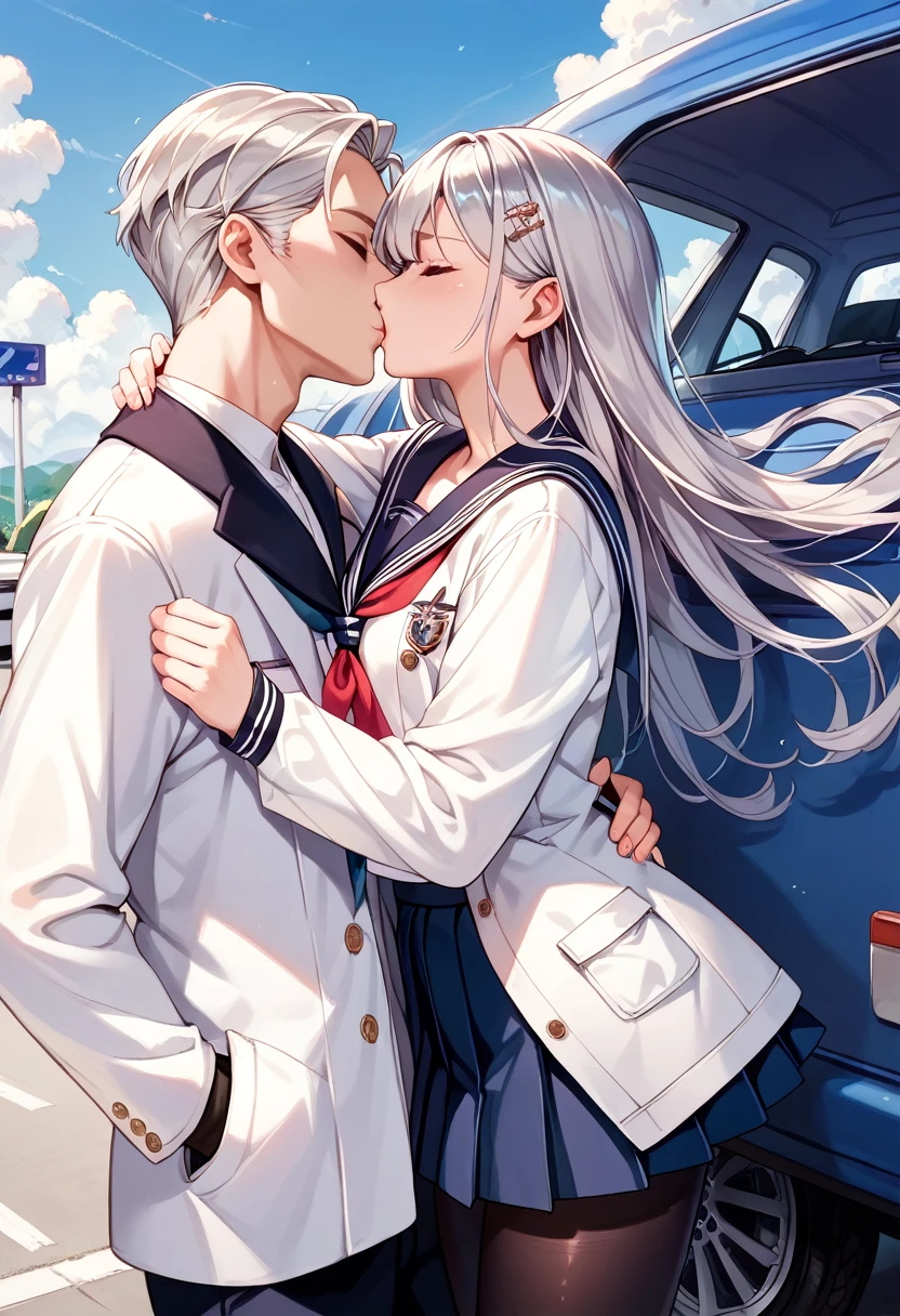 Anime Style,beautiful girl,Layering,((On the outside, he is half-dressed in a white coat.)),(Sailor collar uniform),shirt, Pleated skirt,(Black Pantyhose),Air Van, Long Hair, (Silver Hair), Being forced to kiss a man