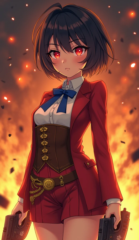 Create a dynamic portrait of Mumei, the fierce Kabaneri warrior from Koutetsujou no Kabaneri. She stands confidently, her frame exuding strength and determination. Her short, dark hair frames her face, with a distinctive ahoge curl. Piercing red eyes glow with an otherworldly intensity, reflecting her Kabaneri nature. Mumei wears her signature outfit: a white collared shirt beneath a crimson jacket, paired with a brown corset-like belt adorned with golden gears. A blue ribbon adds a touch of femininity to her combat-ready ensemble. In each hand, she grips her steam-powered guns, ready for battle. The background blazes with warm oranges and golds, suggesting a world engulfed in chaos and conflict. Embers and ash float around her, creating an atmosphere of impending danger. Capture Mumei's complex personality - a blend of childlike innocence and battle-hardened warrior. Convey her resolve, strength, and the weight of her responsibility as a protector against the Kabane threat.