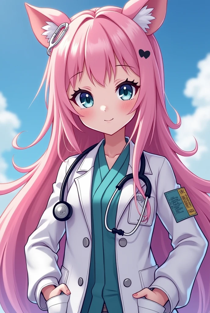8k, work of art, best qualityer, girl with light pink hair with long pink hair and gray-blue anime eyes and a stethoscope around her neck and an extremely stylish veterinary medical lab coat full of veterinary accessories, a women's lab coat with a unique print inspired by LOL Magical Girls