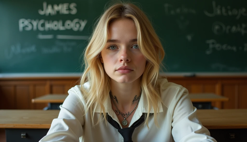 Actress Ellen Fanning sits in what appears to be a classroom setting. He has long blond hair and wears a shirt with a tie., which adds a formal yet youthful touch to your appearance. His gaze is directed towards the viewer, with a calm and introspective expression, that together with his slightly parted lips, adds to your contemplative attitude. His most notable features include the tattoo visible on his neck, what does it say "cali" in a delicate handwriting, and another intricate tattoo on his arm, which suggests a mix of elegance and nervousness in his character. the bottom, although slightly blurry, clearly shows traditional classroom elements, like desks and blackboards that are written "JAMES PSYCHOLOGY", that contrast with its modern and somewhat rebellious aesthetic. This juxtaposition evokes a sense of individuality and defiance against conventional environments.