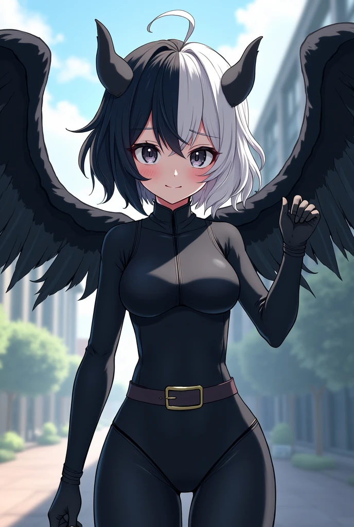 A template of baku no hero academia with a girl who looks somewhat like nezuko but with black and white hair and the same eyes with black wings and the somewhat tight UA uniform and blushing bakugo