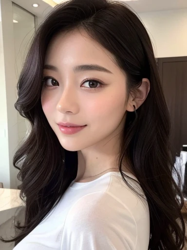 masterpiece、Highest quality、photorealistic、Ultra high definition、High resolution、16K wallpaper、Super detailed、Fine details、Cinema lighting、In a white glass-based beauty salon、Selfie of one woman, Highly detailed face and skin texture、Natural Makeup、A small smile、Detailed eyes、Symmetrical black eyes、Inward-curling wavy layered medium hair、High quality white tight t-shirt、Gorgeous girl, Japanese Gravure Idol