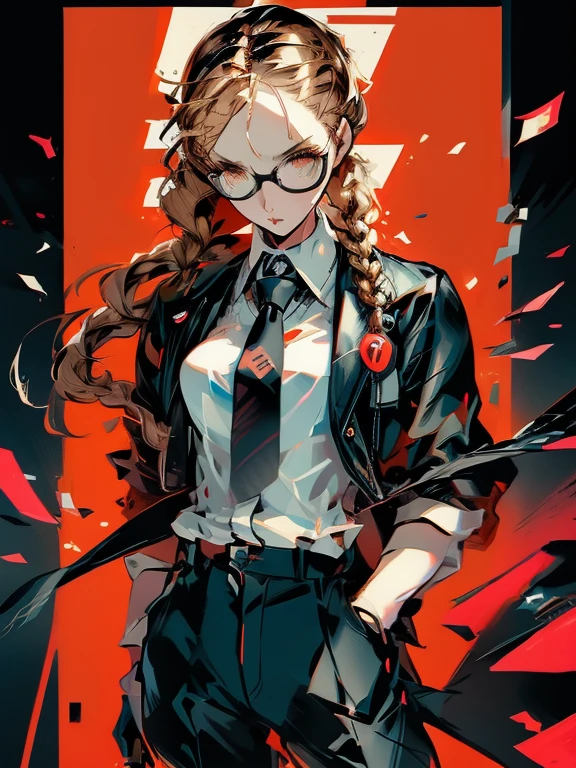 ((chibi)), big head, focus face, in the art style of persona5, (masterpiece:1.2, highest quality), (Realistic, photoRealistic:1.4), Beautiful illustrations, (Natural Side Lighting, Cinema Lighting), Written boundary depth, Beautiful thighs staring at the viewer, 1 female, 20-year-old, alone, thin, slender, (small breasts), long Hair, curly Hair, ((single braid)), Forehead, Forehead, Forehead, Forehead, thin, slender, glasses, ((Skinny black pants, collared shirt, necktie)), Are standing, (((glasses)))