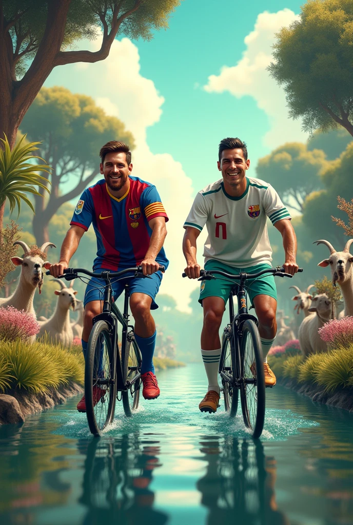 Lionel Messi and Cristiano Ronaldo riding bicycles in a paradise full of water goats etc but it is obvious that it is them