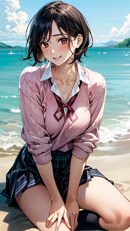 (masterpiece:1.3, Highest quality, Ultra-high resolution, Super detailed), (Realistic, photoRealistic:1.4), Beautiful illustrations, Perfect lighting, Natural light, colorful, Depth of written boundary, Full Body Shot,
Beautiful detailed hair, Beautifully detailed face, Beautiful attention to detail, Beautiful clavicle, Beautiful body, Beautiful , Beautiful thighs, Beautiful feet, Beautiful fingers,
View your viewers, Front view:1.4, 1 girl, Japanese, high school girl, Perfect Face, (Perfect Anatomy, Anatomically correct), Cute and symmetrical face, Baby Face, , Glowing Skin,
(short hair:1.7, Black Hair), ((Parted bangs, amount)), Dark brown eyes, Slanted Eyes, Long eyelashes, (Medium chest), thin,
((Summer knitwear, White collared shirt, Pink checkered pleated skirt, Dark red neck ribbon)), Navy School Socks, ,
(Beautiful views), (Seascape), walk, (Smile, Open your mouth),