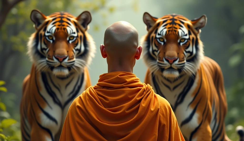 A clean bald head man,wearing kesari shall,in front of tiger 