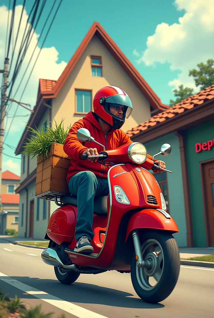Red delivery motorcycle with groceries, Behind her the triangular shape of the top of a house and below the letters Depo San Pedro