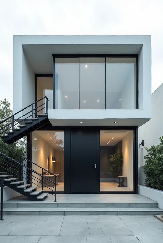 Make a medium-sized building with large glass windows facing downwards,In the center there is a black door and on the left side there are some stairs. Everything I want is a minimalist and functional design inspired by the.superhero and spiderman