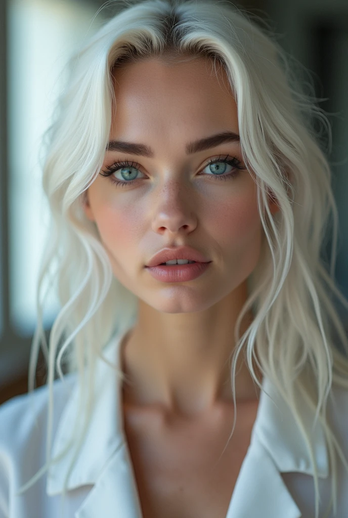 a beautiful white Russian woman, white hair, blue eyes, natural dark brown eyebrows, captivating expression, perfect skin, on market, ((fullbody)), big lips, wet hair, 16k, ultra quality, high definition, cinematic 85mm, far, photography realistic, ultra resolution,