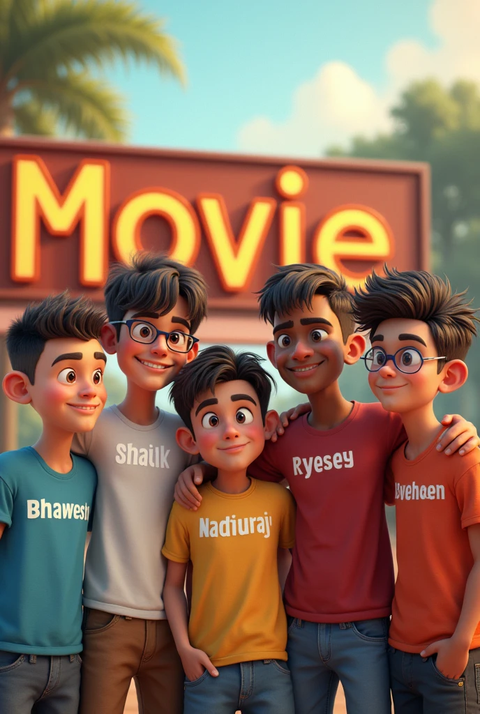 Create an image of 5 male friends . All of them are handsome.and a board is behind them and movie is written on it.first one of them is slim and having a buzz cut .write shourya on his t shirt.the second one of them is slim and having spects and curly hairs.write naitik on his t shirt.the third one of them is slim and having messy hairs and is the most attractive one.write madhuraj on his t shirt.the fourth one of them is brown and a bit fat .write bhawesh on his t shirt . The fifth one of them is slim and having short messy hairs.write rythem on his t shirt.make it in 4k. Make it cute they are like kids