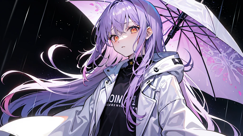 Orange eyes、Hair color、Mainly pale purple、Place々It has deep purple and pink highlights.。Depending on the light、There is a subtle gradation in the color。、Long Hair、upper body perspective、Just standing、暗い場Placeで雨が降っている背景、White coat like a scientist、Looking down with cold eyes、Hold an umbrella