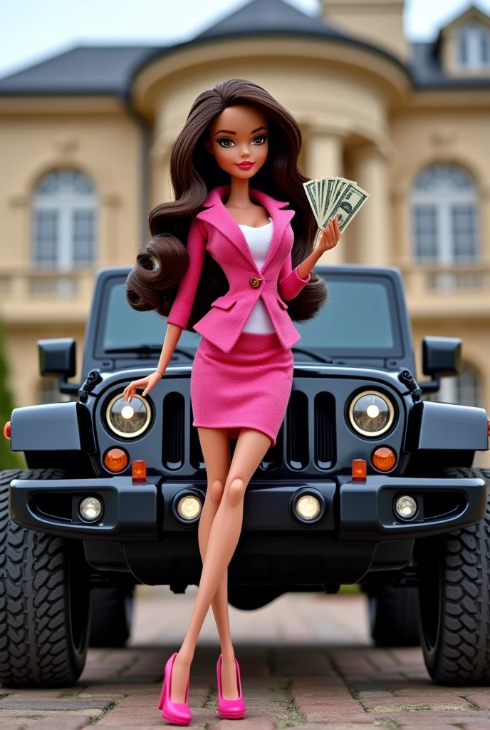 Make a HD wallpaper for your cell phone with a bratz inspired by the bratz called Jasmine, long brown hair, shiny wavy, with some heels, pink business dress, Counting 100 dollars$ on top of a black Jeep Commander. in the background a mansion
