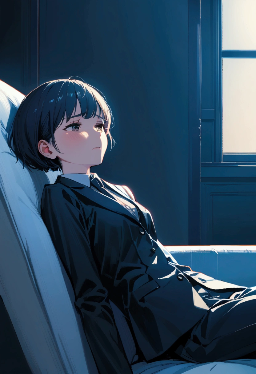 slender,a young girl,pixie cut,black hair,suit,sad, Leaning Back on sofa