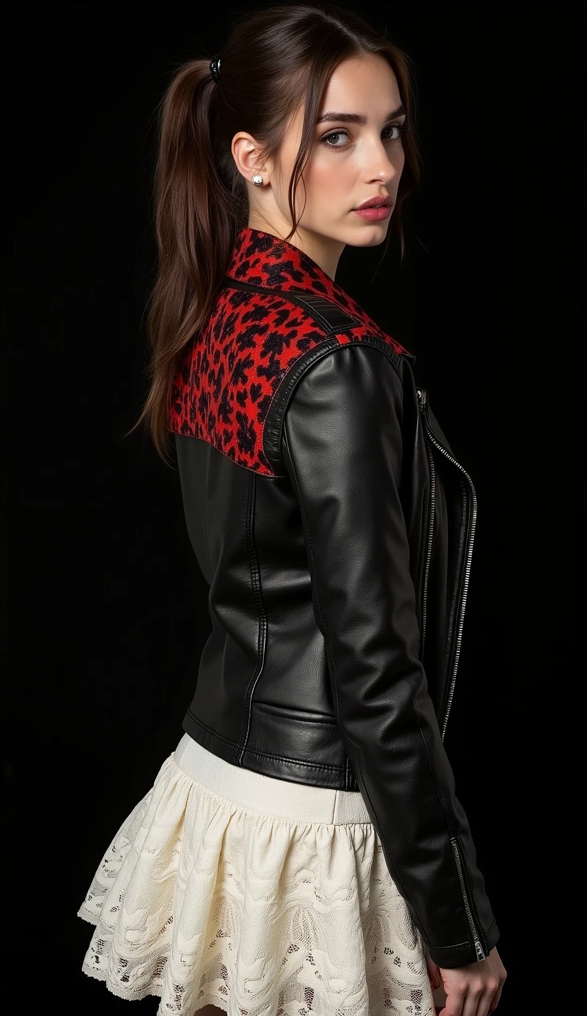 shiny leather jacket with red pattern on black background, white lace ruffle skirt, half-up hair, accessories, pretty woman, shy, (ultra detailed, absolutely resolution, best quality:1.3), 2.5D, delicate and dynamic, artistic photography, hyper realistic