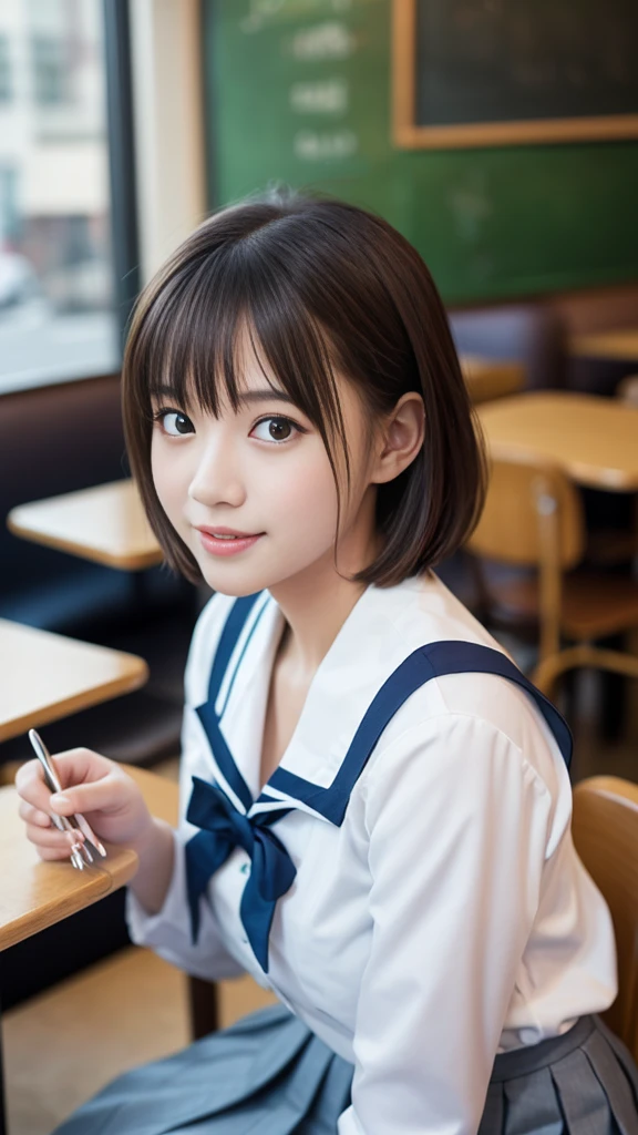 8k, Highest quality, The real picture, Intricate details, Very detailed, Ultra-high resolution, Depth Field,(Realistic,Realistic:1.2),Tabletop , Front shot , Shot in a fashionable café , girl, とても美しい16歳のgirl, Innocent double eyelids, Small breasts、(Very detailed目:1.2)、Bangledium Shorthair, Perfect Skin, Fair skin, Schoolの廊下, A slight blush, Eyes on friends, A big smile, ((School_uniform),(Sailor suit), (White shirt、Wear a ribbon), (Grey pleated skirt), (Sculptural installation :1.1), Schoolの食堂スペース, High school girls enjoying a meal