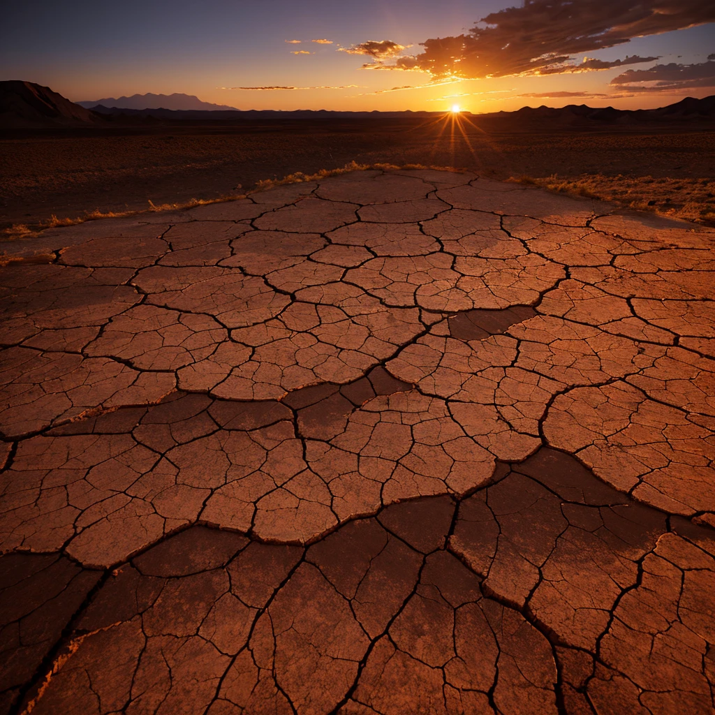 Dramatic sunset over cracked earth. Desert landscape background.