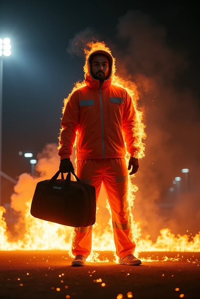 A photo of a man in the Futsal Court Field, he is wearing Fire Protection Suit , he hold a black bag case ,he has heavy Flam fire on body, night time, cinematic light colors, backlit, look at camera,Realistic photo