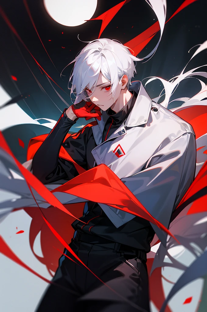 male, young adult, White Hair, Red eyes, Black jumpsuit, Sos Logo.