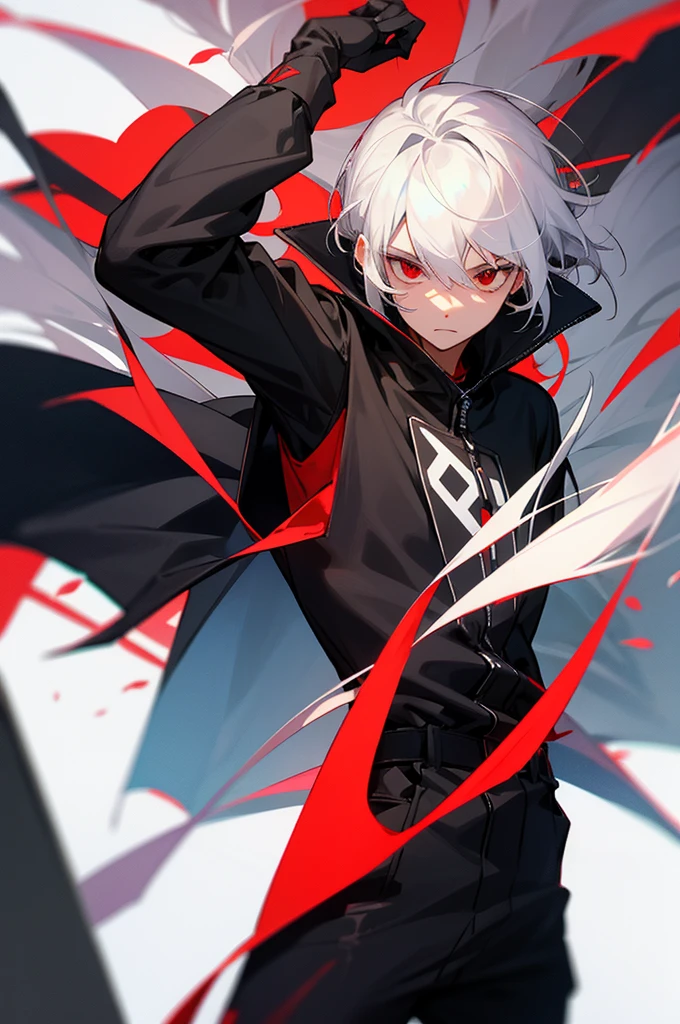 male, young adult, White Hair, Red eyes, Black jumpsuit, Sos Logo.
