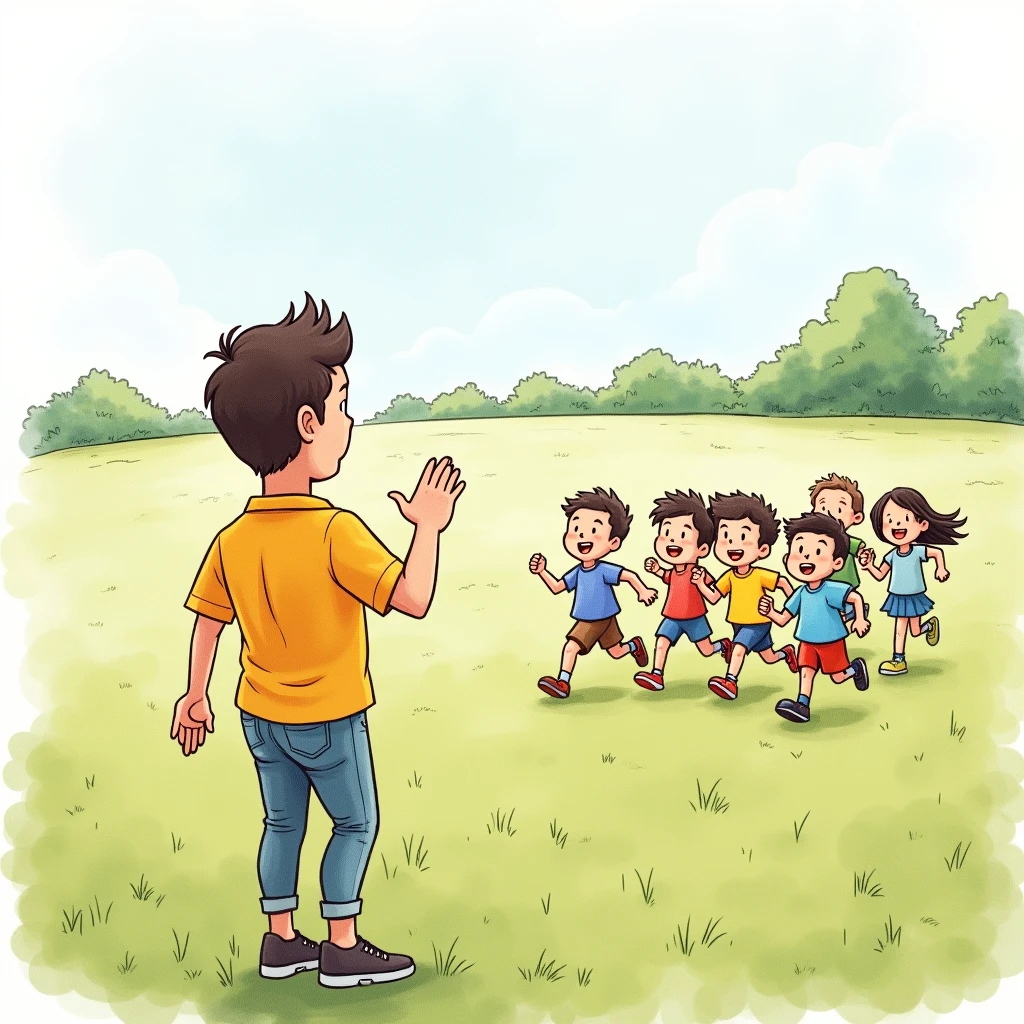 Create a drawing of a teacher asking his students to run in a field.