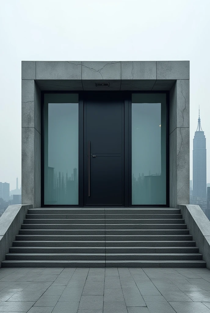 Make a medium-sized building with large glass windows facing downwards,In the center there is a black door and on the left side there are some stairs. Everything I want is a minimalist and functional design inspired by the.superhero and spiderman