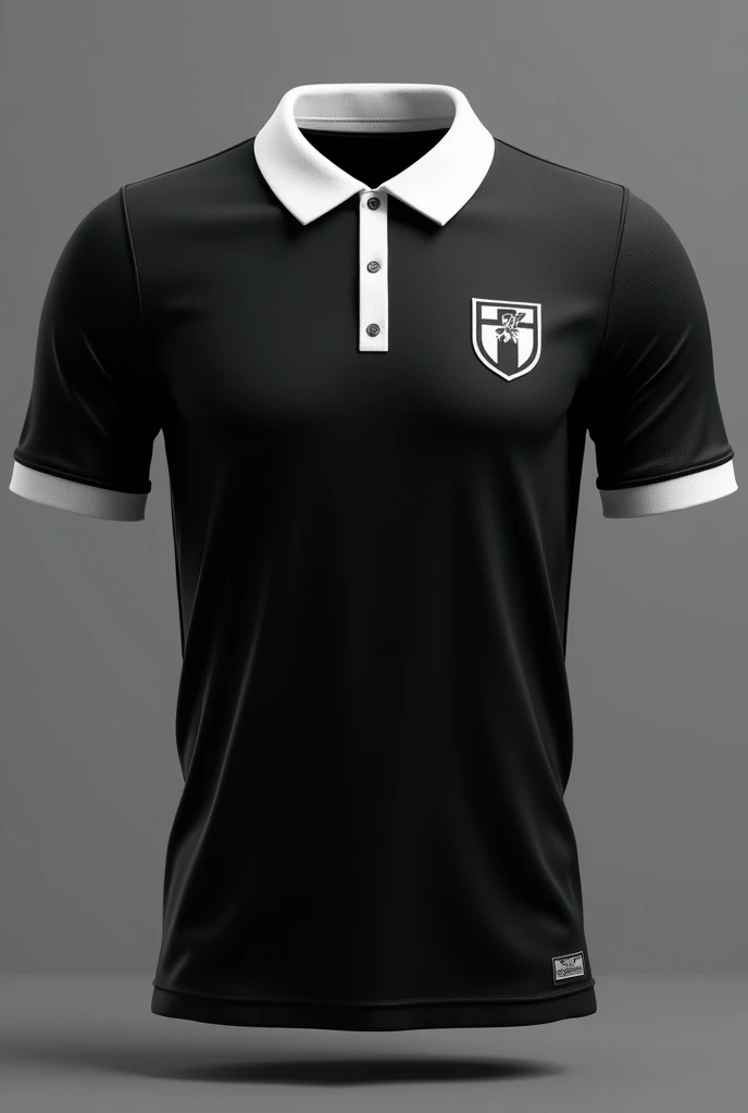 black soccer shirt, with white polo collar, Written: Excommunicated
