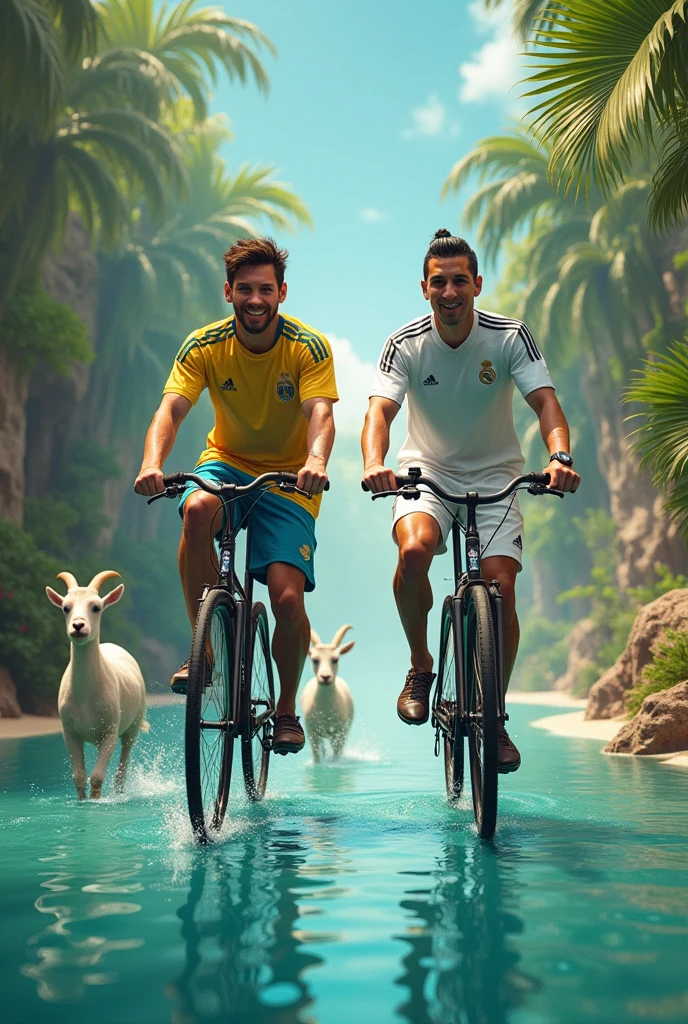 Lionel Messi and Cristiano Ronaldo riding bicycles in a paradise full of water goats etc. but it is obvious that it is them but Ronaldo with the Real Madrid shirt