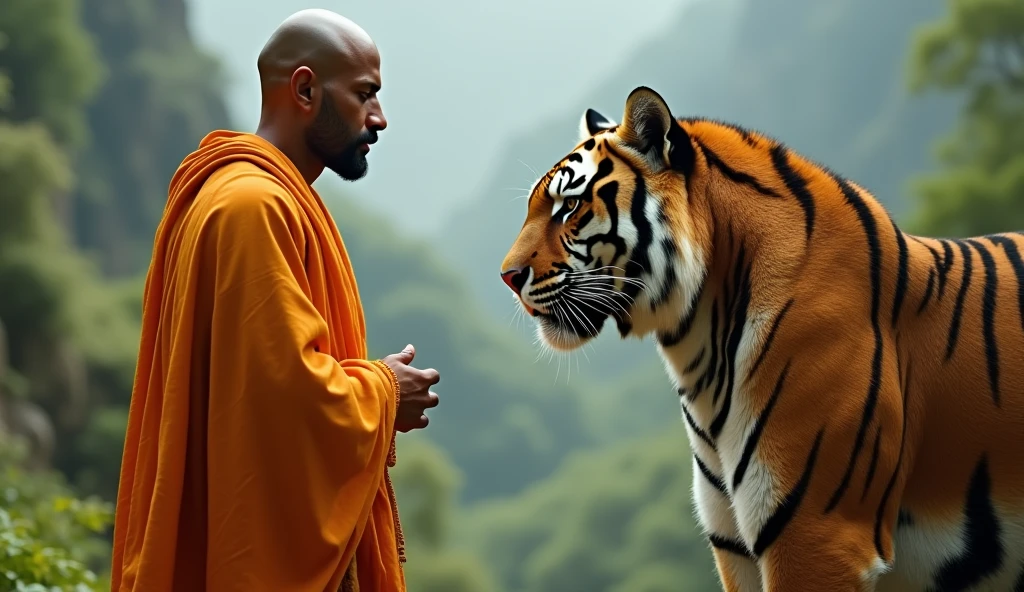A clean bald head man,wearing kesari shall,standing front of tiger