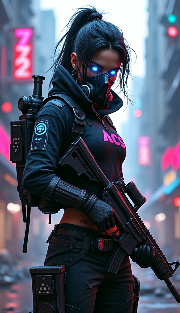 Create a dynamic turnaround (front, three-quarter, and back views) of a gritty Cyberpunk Assassin for a game banner. Character: Young woman with tousled black hair, glowing blue cybernetic eyes, and a high-tech respirator mask. Facial scars and neon pink blood splatter add to her battle-worn appearance. Outfit: Weathered black tactical gear with "ACS" logo. Incorporate torn fabric, bullet holes, and exposed circuitry. Add holographic patches and glowing accents. Weaponry: Retractable wrist blades, shoulder-mounted targeting system, and a customized assault rifle with holographic sight. Background: Dystopian cityscape with crumbling buildings, neon signs, and floating debris. Include glitching holographic numbers (like "772") in the environment. Pose: Combat-ready stance, emphasizing agility and readiness to strike. Special effects: Pixelated distortions, digital artifacts, and swirling data streams around the character. Color scheme: Predominantly monochromatic with pops of electric blue and neon pink. Art style: Photorealistic with exaggerated cyberpunk elements. Banner text: "NEON REAPER: Urban Assassin" in a glitchy, fragmented font. Add interactive elements like animated HUD displays and pulsing energy fields for game banner appeal.