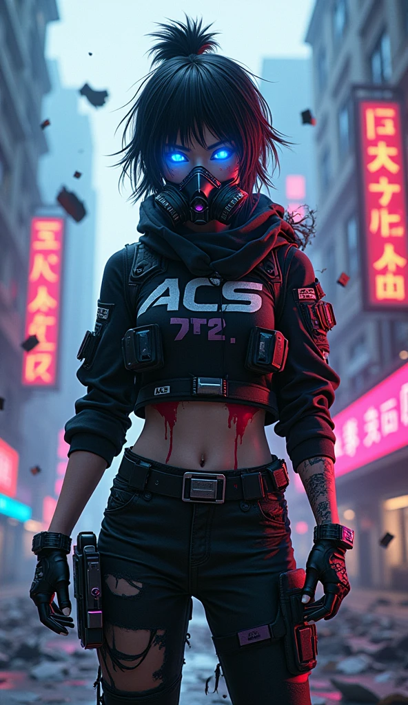 Create a dynamic turnaround (front, three-quarter, and back views) of a gritty Cyberpunk Assassin for a game banner. Character: Young woman with tousled black hair, glowing blue cybernetic eyes, and a high-tech respirator mask. Facial scars and neon pink blood splatter add to her battle-worn appearance. Outfit: Weathered black tactical gear with "ACS" logo. Incorporate torn fabric, bullet holes, and exposed circuitry. Add holographic patches and glowing accents. Weaponry: Retractable wrist blades, shoulder-mounted targeting system, and a customized assault rifle with holographic sight. Background: Dystopian cityscape with crumbling buildings, neon signs, and floating debris. Include glitching holographic numbers (like "772") in the environment. Pose: Combat-ready stance, emphasizing agility and readiness to strike. Special effects: Pixelated distortions, digital artifacts, and swirling data streams around the character. Color scheme: Predominantly monochromatic with pops of electric blue and neon pink. Art style: Photorealistic with exaggerated cyberpunk elements. Banner text: "NEON REAPER: Urban Assassin" in a glitchy, fragmented font. Add interactive elements like animated HUD displays and pulsing energy fields for game banner appeal.