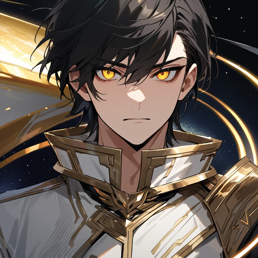 High quality, HD, 4k, no shadows, handsome male, handsome, 1male, 18 years old, 18yo, short black hair, dark hair, black hair, jet black hair, sharp eyes, deep golden colored eyes, dark gold colored eyes, deep gold eyes, gold eyes, devil may cry, close up, calm expression, stoic expression, black leather clothes, white leather clothing, lean body, well trained body, upper body, looking at viewer, cowboy shot, white solar, space background