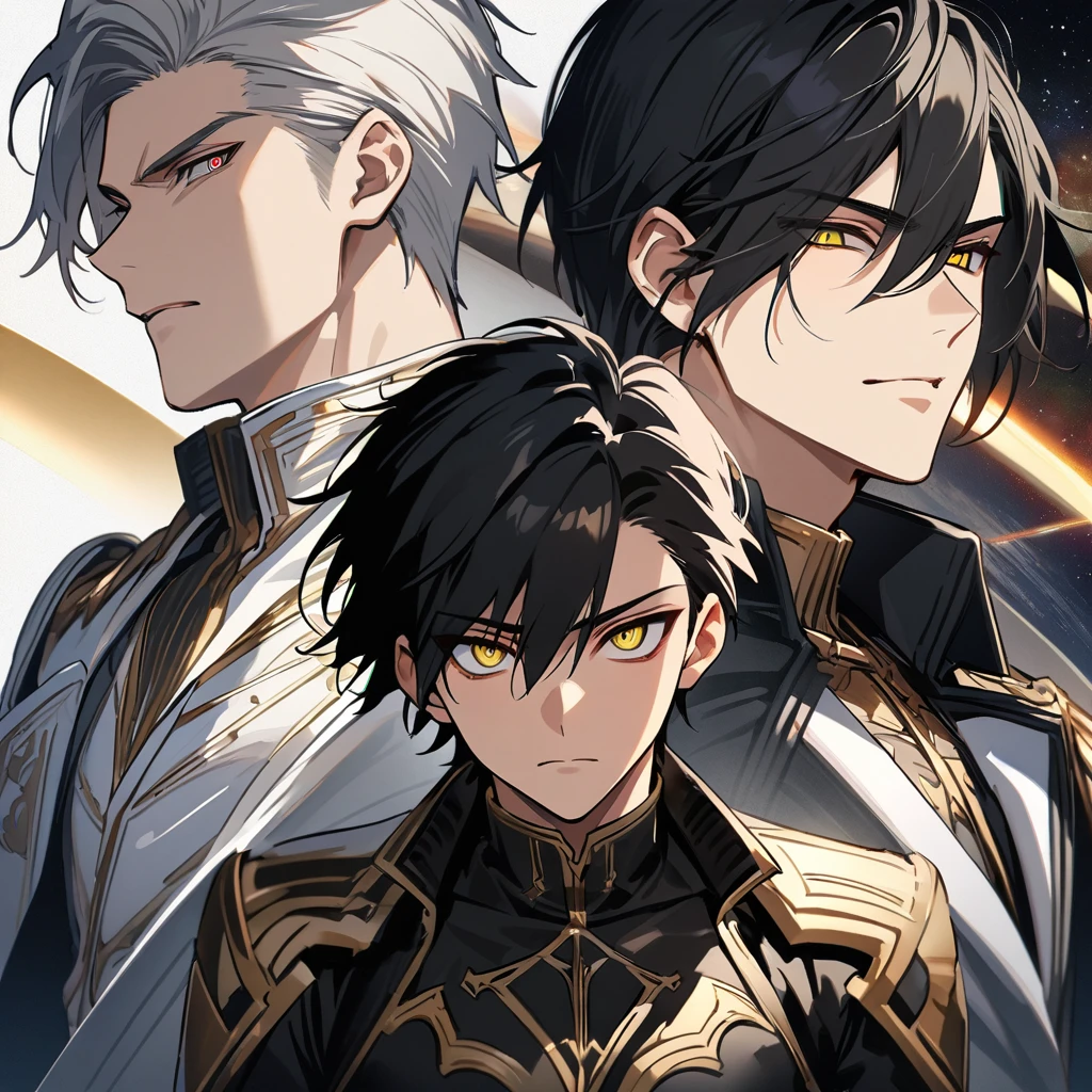 High quality, HD, 4k, no shadows, handsome male, handsome, 1male, 18 years old, 18yo, short black hair, dark hair, black hair, jet black hair, sharp eyes, deep golden colored eyes, dark gold colored eyes, deep gold eyes, gold eyes, devil may cry, close up, calm expression, stoic expression, black leather clothes, white leather clothing, lean body, well trained body, upper body, looking at viewer, cowboy shot, white solar, space background