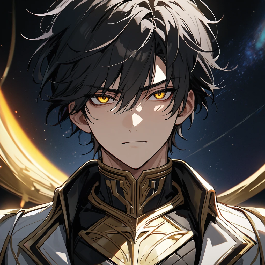 High quality, HD, 4k, no shadows, handsome male, handsome, 1male, 18 years old, 18yo, short black hair, dark hair, black hair, jet black hair, sharp eyes, deep golden colored eyes, dark gold colored eyes, deep gold eyes, gold eyes, devil may cry, close up, calm expression, stoic expression, black leather clothes, white leather clothing, lean body, well trained body, upper body, looking at viewer, cowboy shot, white solar, space background