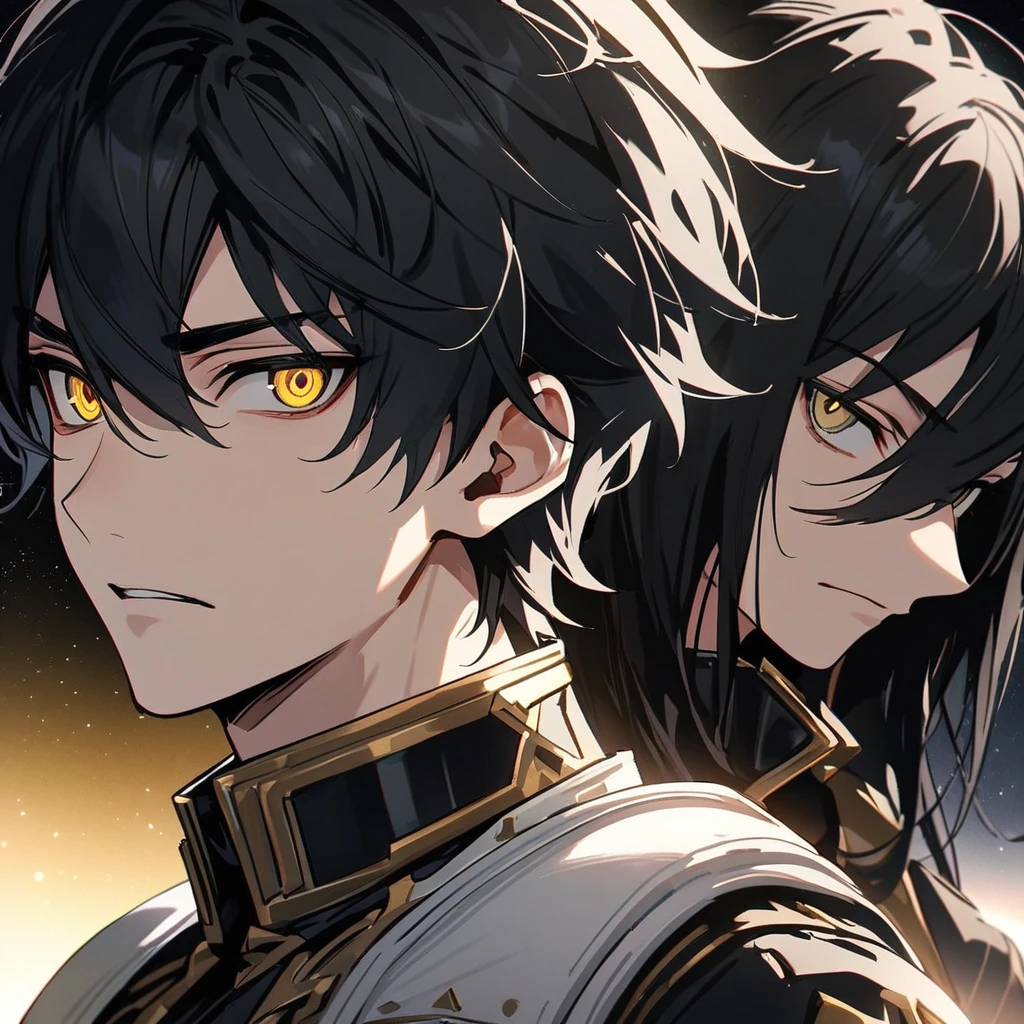 High quality, HD, 4k, no shadows, handsome male, handsome, 1male, 18 years old, 18yo, short black hair, dark hair, black hair, jet black hair, sharp eyes, deep golden colored eyes, dark gold colored eyes, deep gold eyes, gold eyes, devil may cry, close up, calm expression, stoic expression, black leather clothes, white leather clothing, lean body, well trained body, upper body, looking at viewer, cowboy shot, white solar, space background