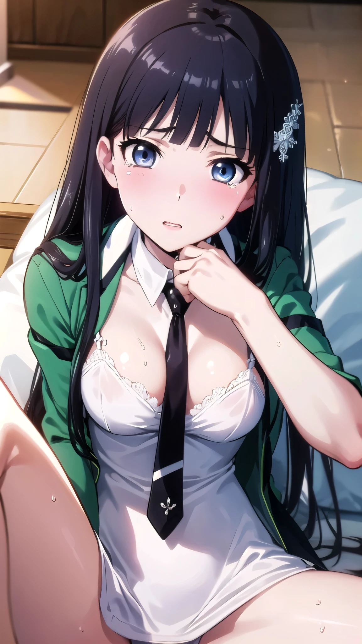 1 personの, alone, masterpiece, Highest quality, The Irregular at Magic High School, Mayumi Saegusa,Mayumi Saegusa, iris, Red eyes, eyelash, Black Hair, Long Hair, Back ribbon,High School Uniform, Green jacket, Cropped jacket, Open jacket, Long sleeve,  (masterpiece: 1.3), (Maximum resolution: 1.2), (Ultra HD TV: 1.2), Cinematic Light, 8k resolution, Detailed facial features , (Sharp focus: 1.2）, (Focus on the face:1.2),Perfect Style, Beautiful Face, Acura, Anatomically correct, Highly detailed face and skin texture, Beautiful Eyes,Beautiful Eyes, Thin eyebrows, Natural Cheeks, Glowing Skin, Fair skin: 1.2, (Glossy Lips: 1.4),、 (Embarrassed look: 1.2),Highly detailed face and skin texture, Natural Cheeks, , Glossy Lips: 1.4,Perfect Style、Cleavage、Soft Breasts、（Semen on chest:1.6）（Cum on thighs 1.5）、 Overflowing sperm、Drenched in sweat、Wet clothes、blush、A humiliating look、Anxious expression、Frightened expression、Embarrassed look、Glare、anger、sorrow、tears、（Open your knees:1.5）、（Spread your legs:1.5）、 White underwear、Disheveled clothes、sweating、Thin underwear、18-year-old、 clear, A clean-cut woman,1 person、 Upward-facing chest, Black Hair、blue eyes、Beautiful Eyes、Torn clothing、（Being sexually assaulted by a violent man:3.0）、At the bed、（On my back、At the bedLying down、Lying down、White sheets:1.7）、avert your eyes、