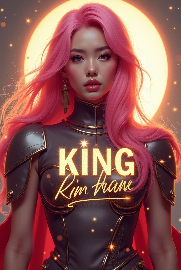 "KING" by Kim Hana introduces the Korean artist, with pink hair highlighted on a dramatic, bright background. She wears an elegant dress or modern armor, reflecting empowerment and royalty. The title "KING" is displayed in a bold, gold font with a glitter effect, while the name "Kim Hana" is in an elegant, cursive font. Subtle details like stars and twinkling lights add a touch of glamour